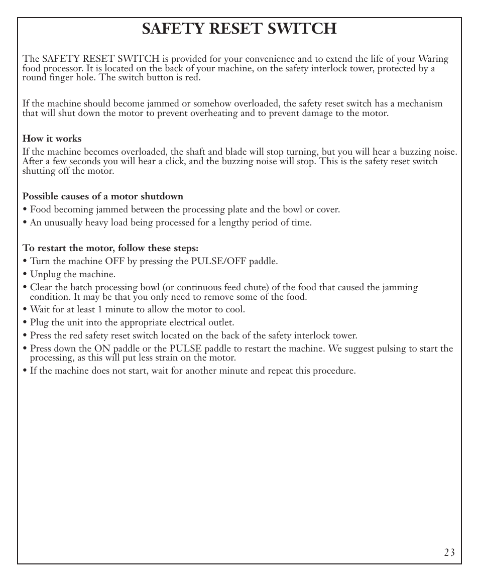Safety reset switch | Waring FP40C User Manual | Page 23 / 28