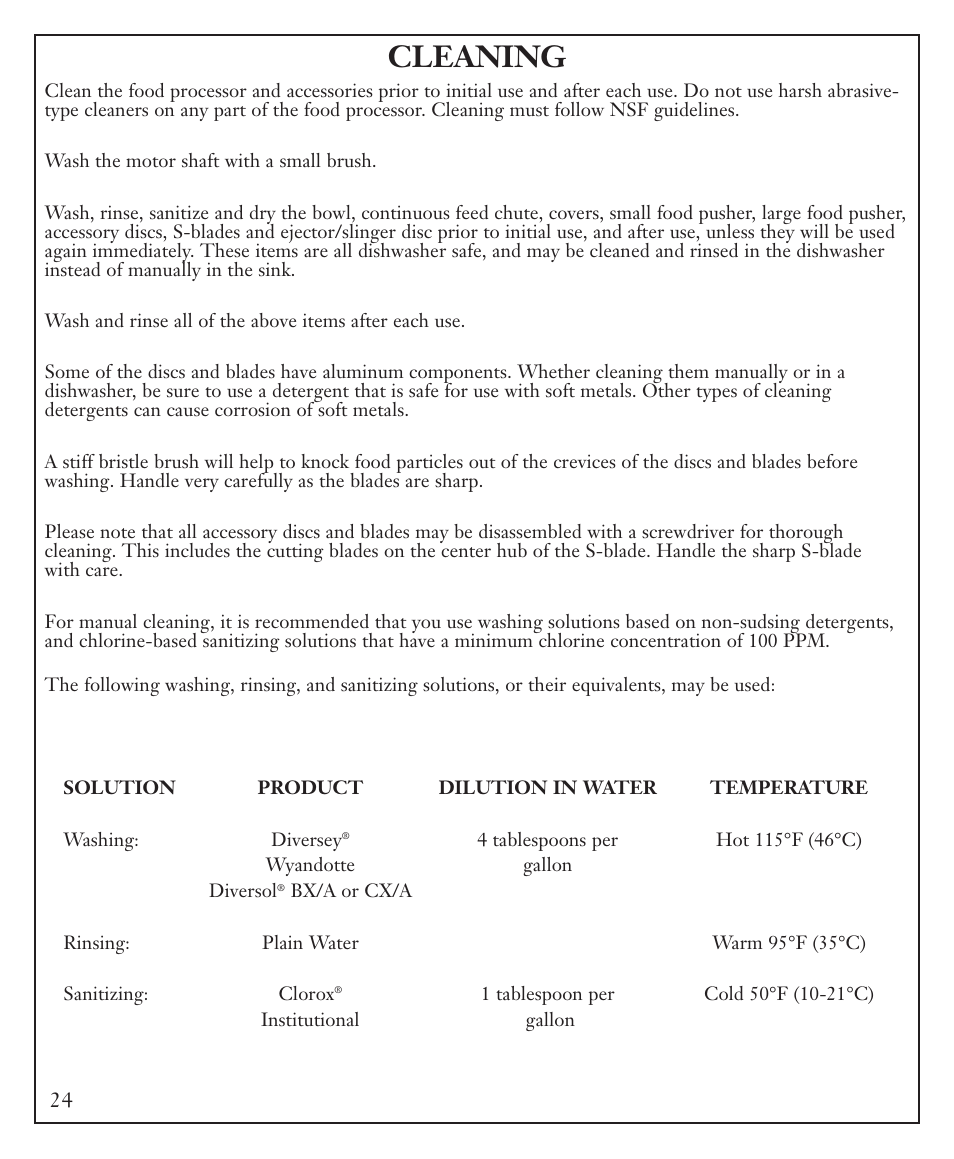 Cleaning | Waring FP40C User Manual | Page 24 / 28