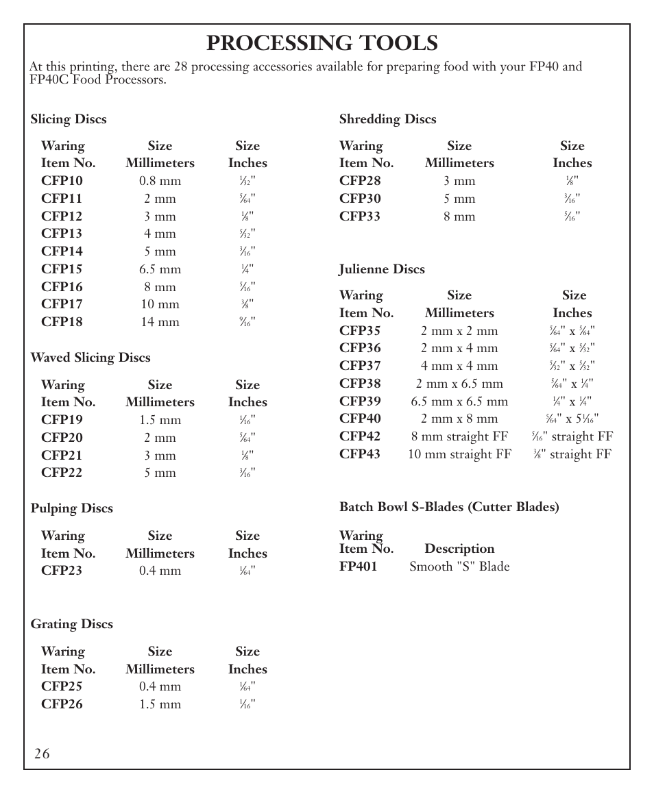 Processing tools | Waring FP40C User Manual | Page 26 / 28