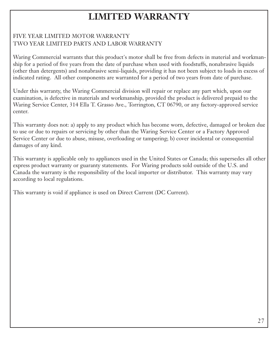 Limited warranty | Waring FP40C User Manual | Page 27 / 28