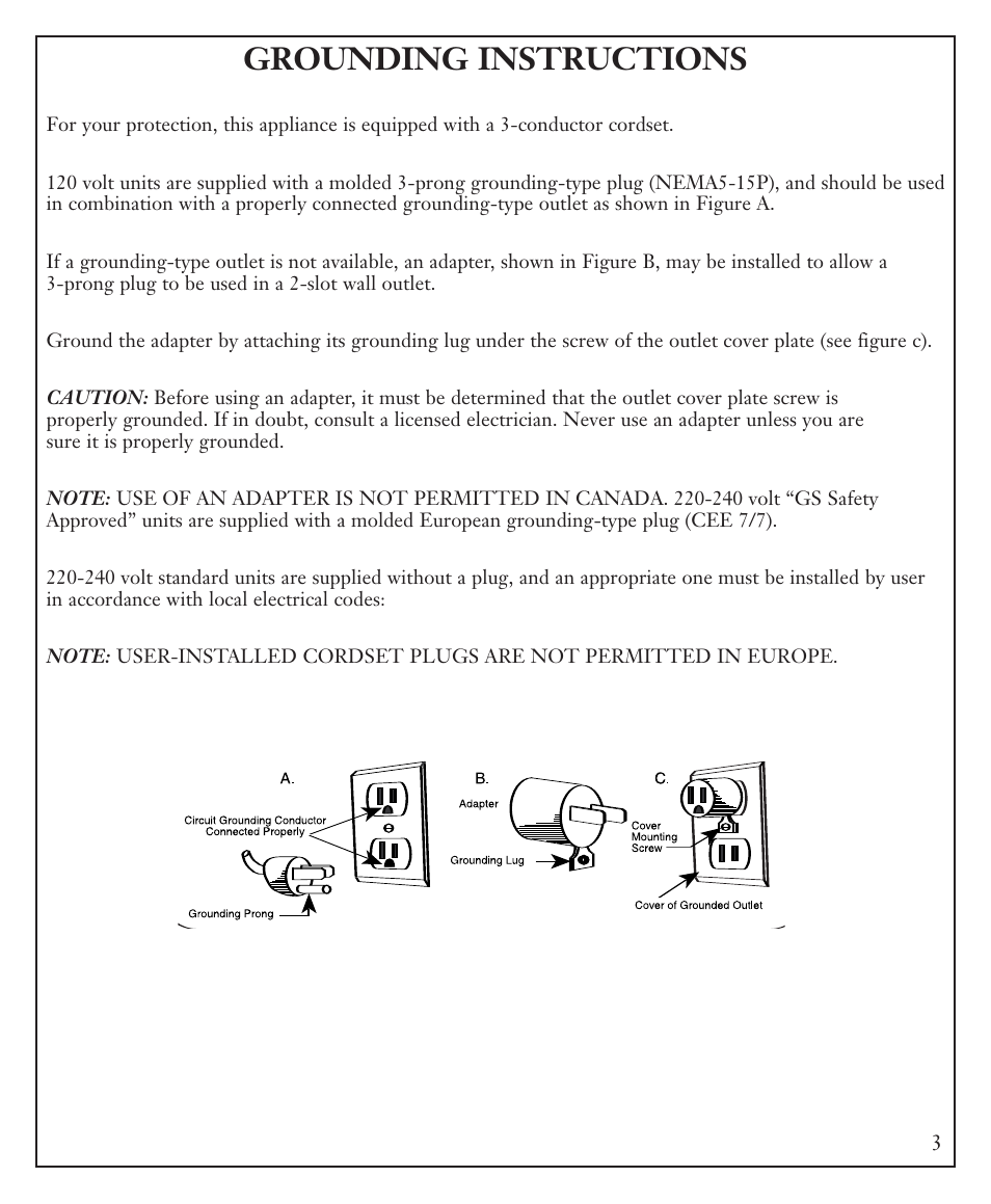 Grounding instructions | Waring FP40C User Manual | Page 3 / 28