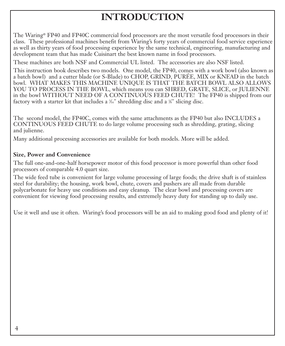Introduction | Waring FP40C User Manual | Page 4 / 28