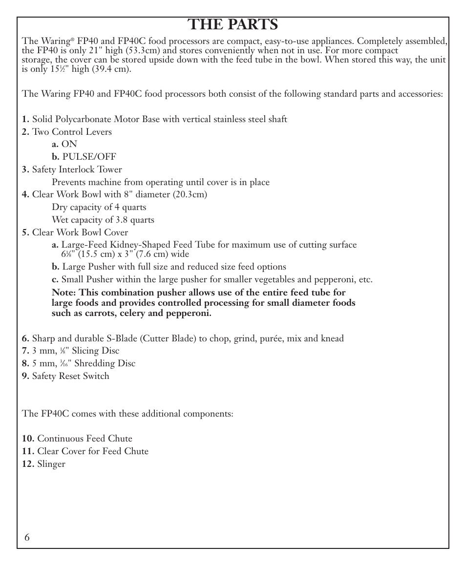 The parts | Waring FP40C User Manual | Page 6 / 28