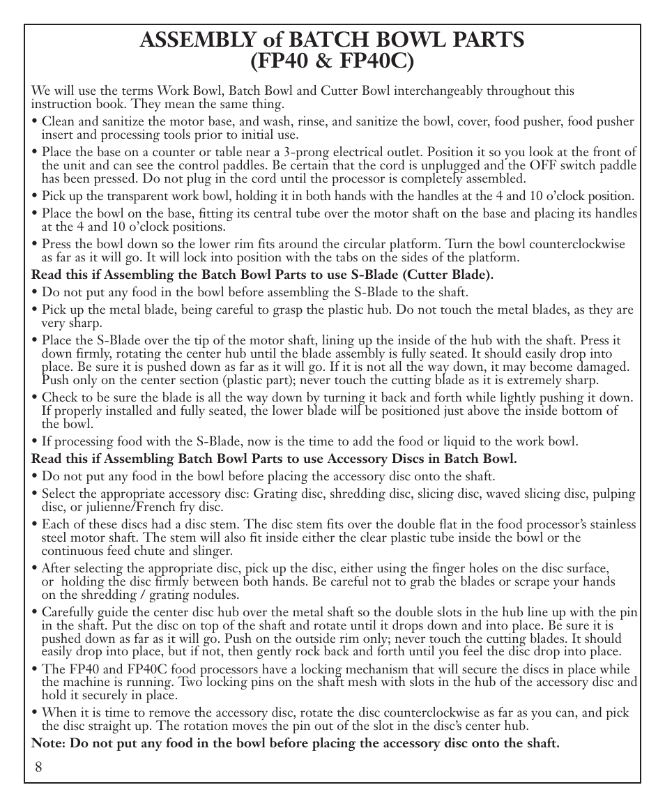 Assembly of batch bowl parts (fp40 & fp40c) | Waring FP40C User Manual | Page 8 / 28