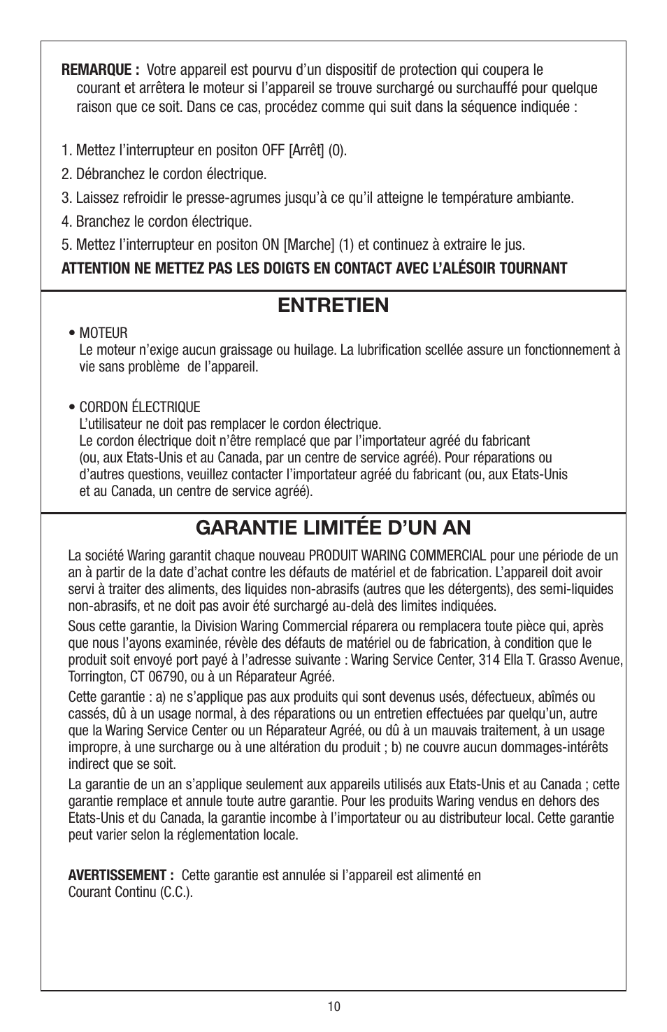 Entretien, Garantie limitée d’un an | Waring JC4000 User Manual | Page 11 / 24