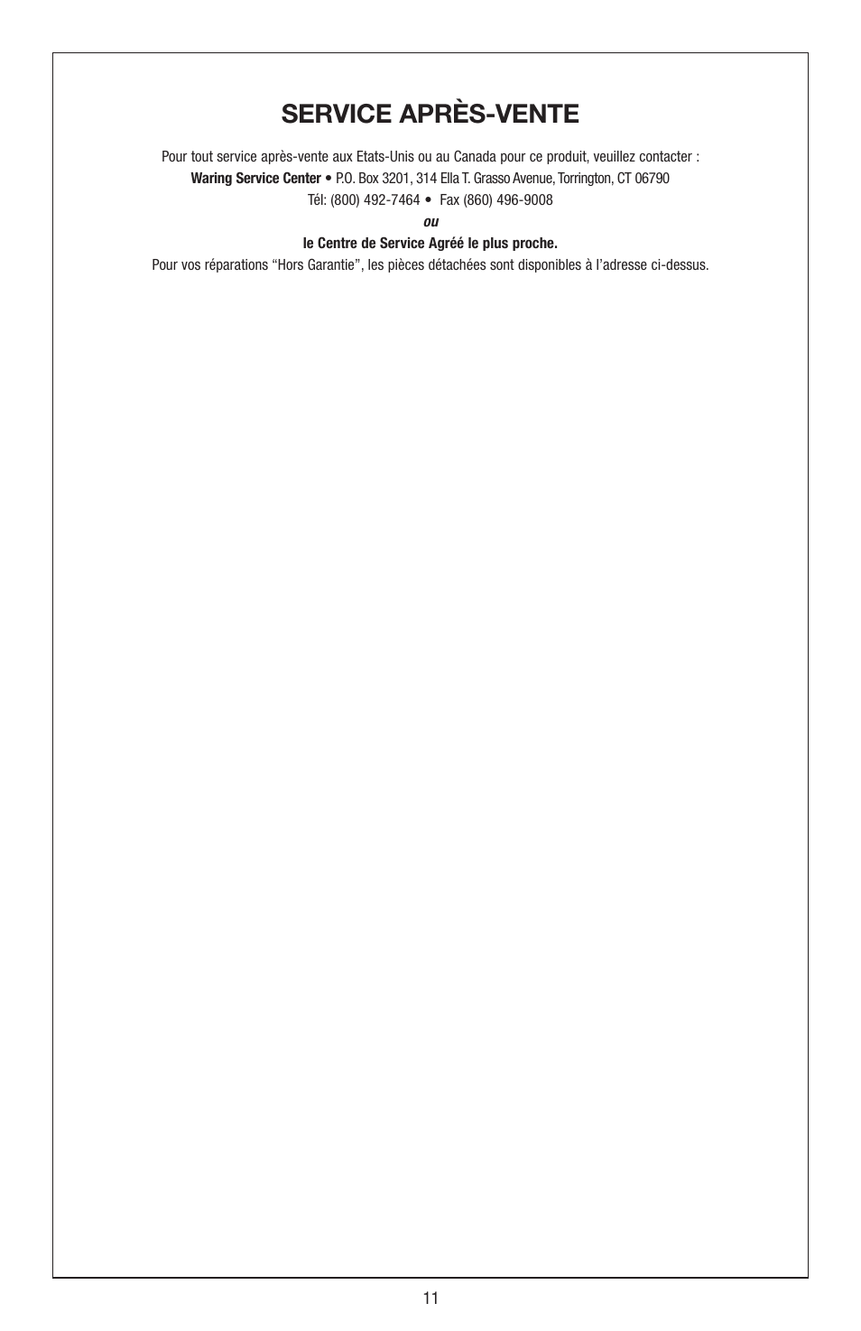 Service après-vente | Waring JC4000 User Manual | Page 12 / 24