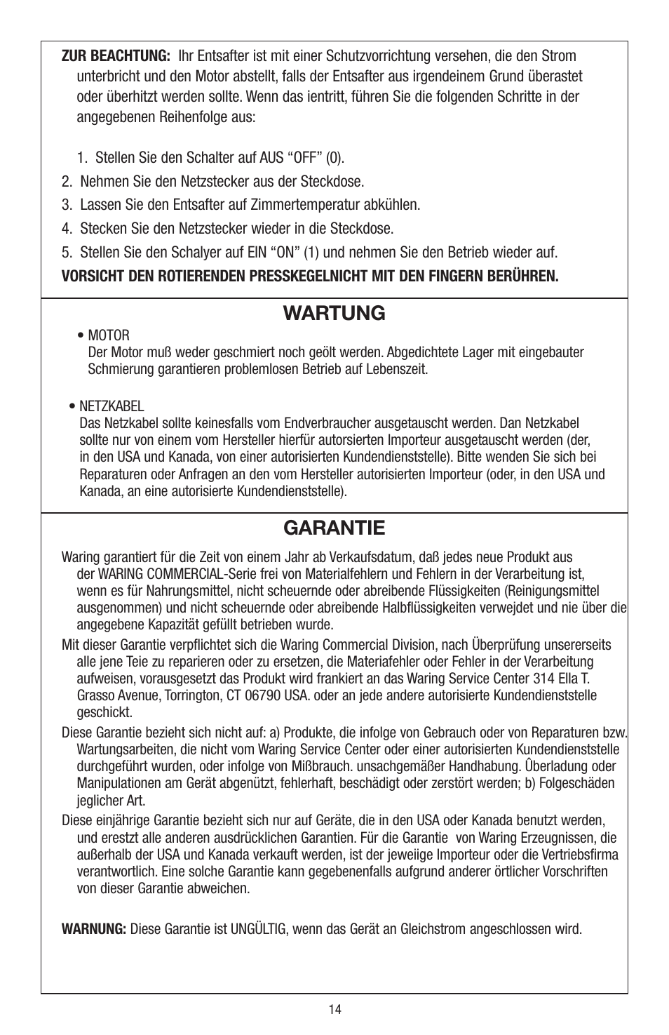 Wartung, Garantie | Waring JC4000 User Manual | Page 15 / 24