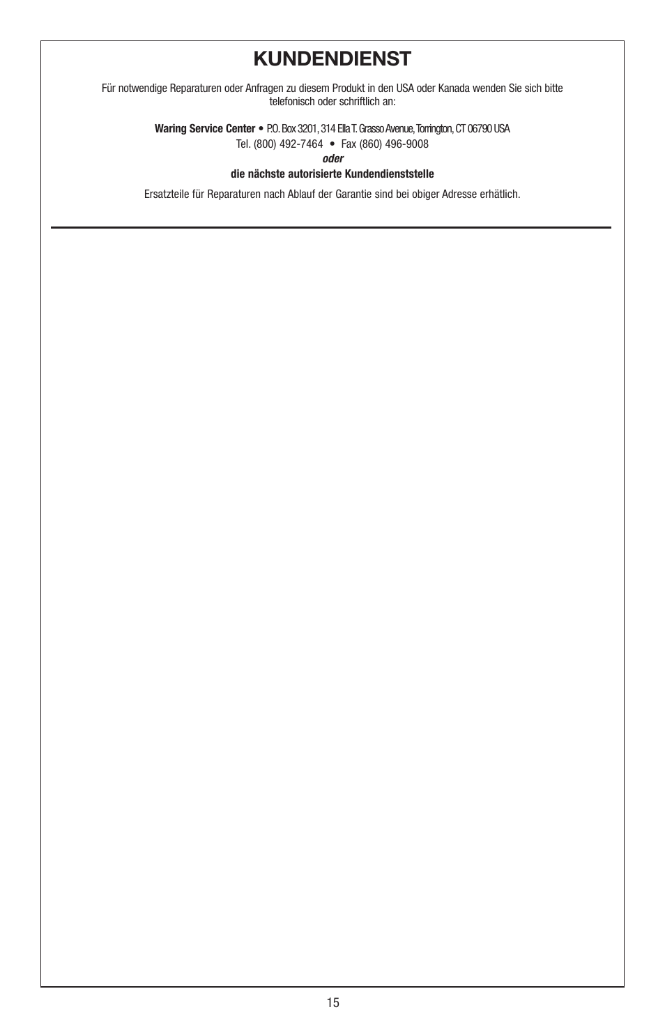 Kundendienst | Waring JC4000 User Manual | Page 16 / 24