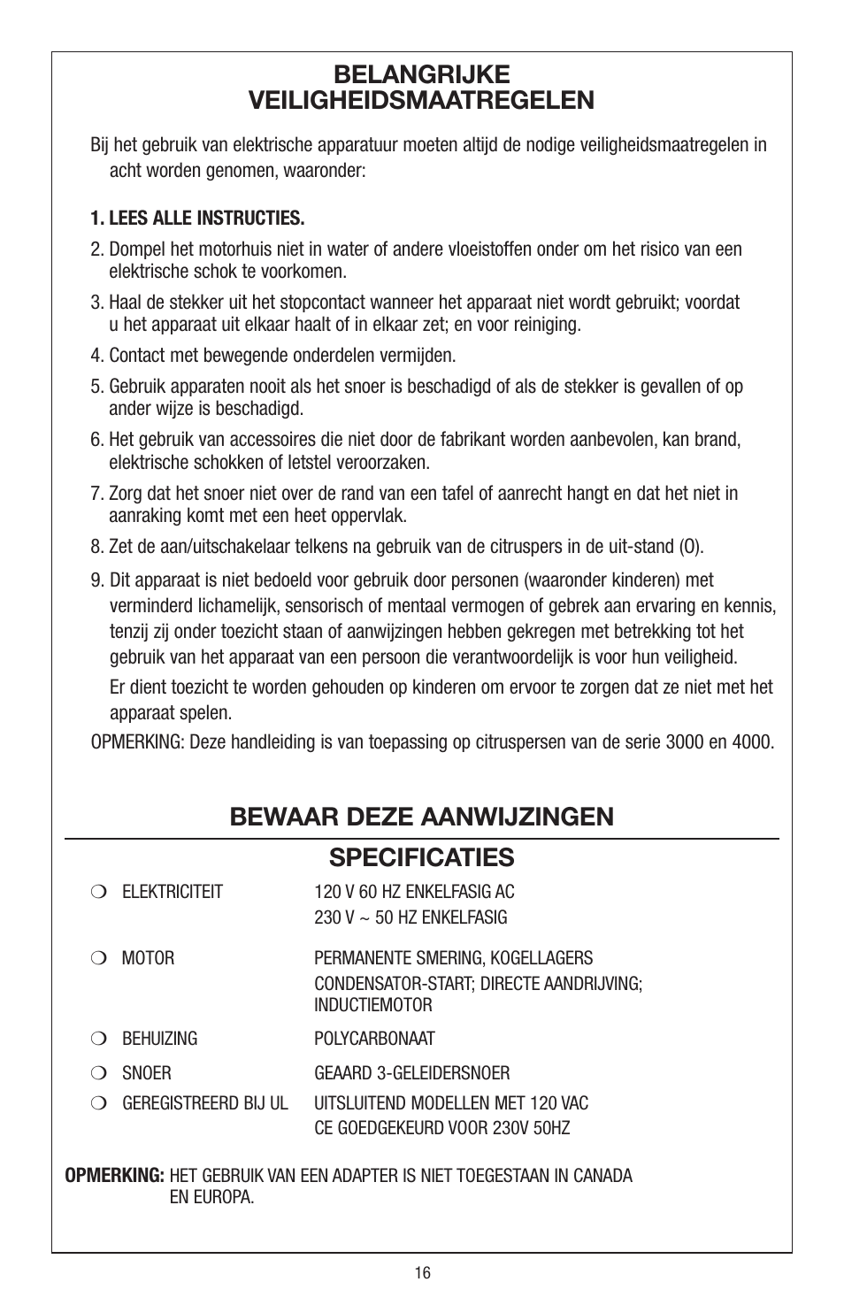 Belangrijke veiligheidsmaatregelen, Bewaar deze aanwijzingen specificaties | Waring JC4000 User Manual | Page 17 / 24