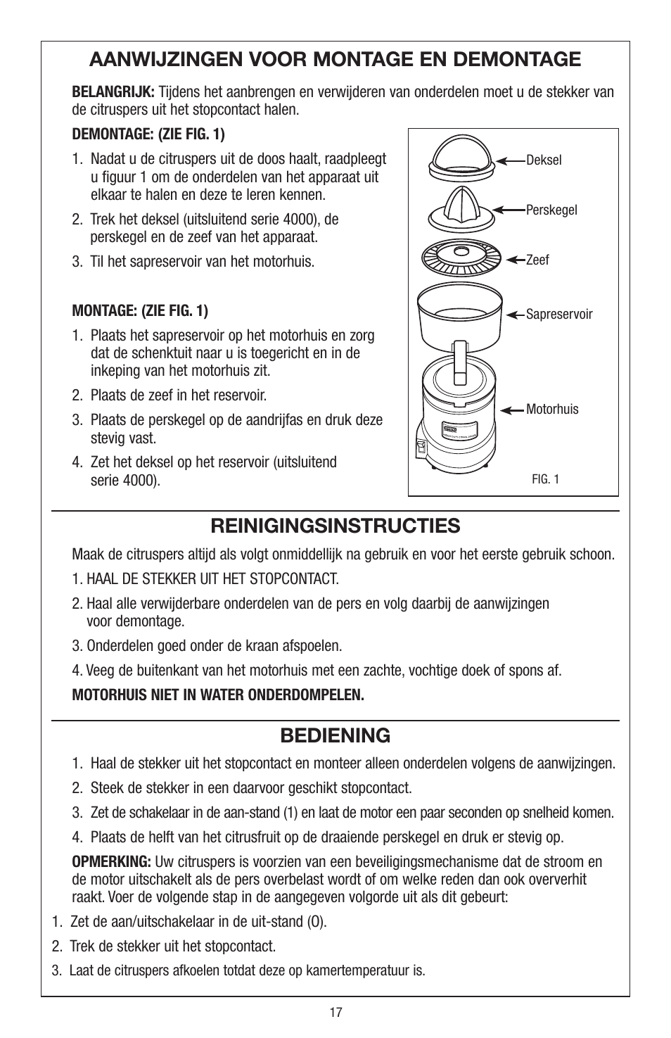 Aanwijzingen voor montage en demontage, Reinigingsinstructies, Bediening | Waring JC4000 User Manual | Page 18 / 24