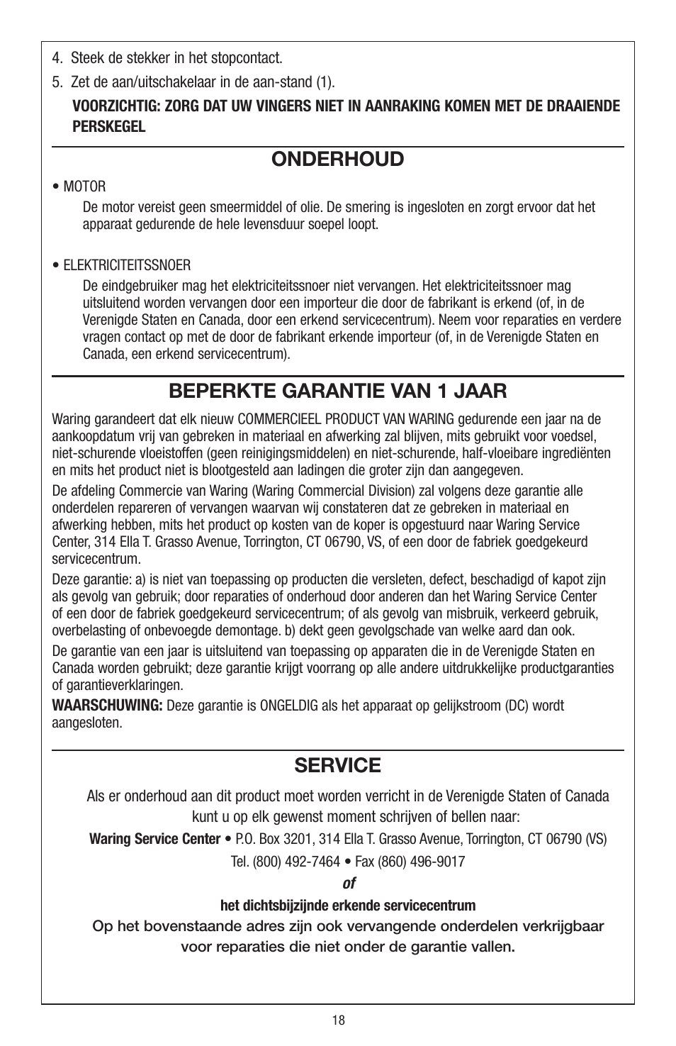Onderhoud, Beperkte garantie van 1 jaar, Service | Waring JC4000 User Manual | Page 19 / 24