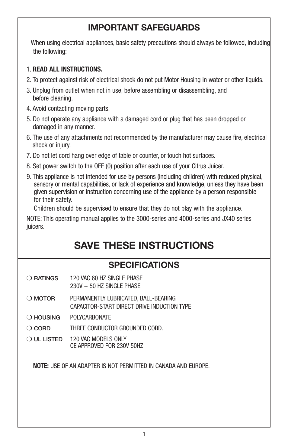Save these instructions, Important safeguards, Specifications | Waring JC4000 User Manual | Page 2 / 24