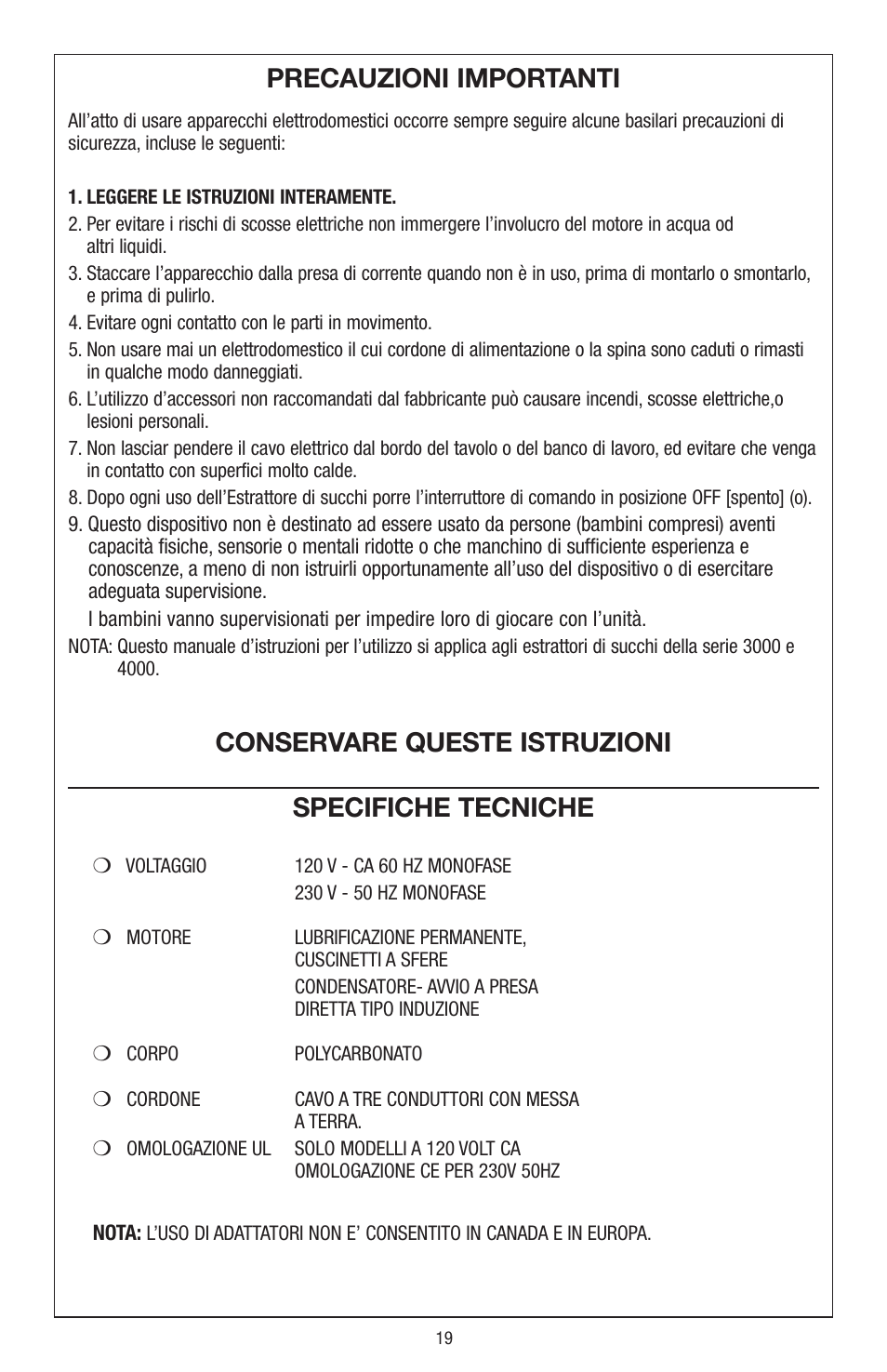 Precauzioni importanti, Conservare queste istruzioni specifiche tecniche | Waring JC4000 User Manual | Page 20 / 24