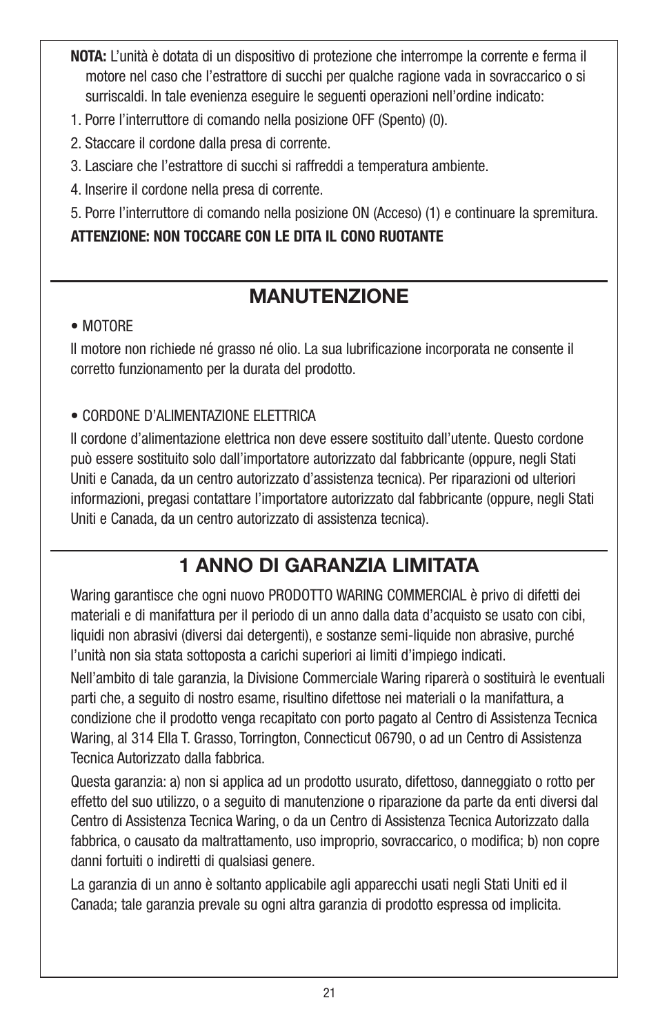 Manutenzione, 1 anno di garanzia limitata | Waring JC4000 User Manual | Page 22 / 24