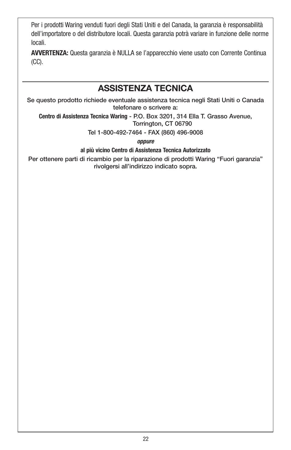 Assistenza tecnica | Waring JC4000 User Manual | Page 23 / 24