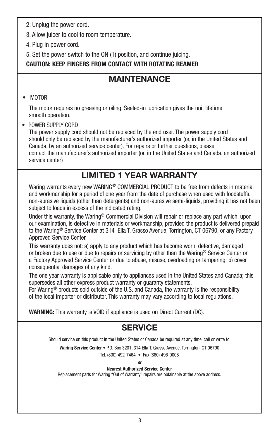 Maintenance, Limited 1 year warranty, Service | Waring JC4000 User Manual | Page 4 / 24