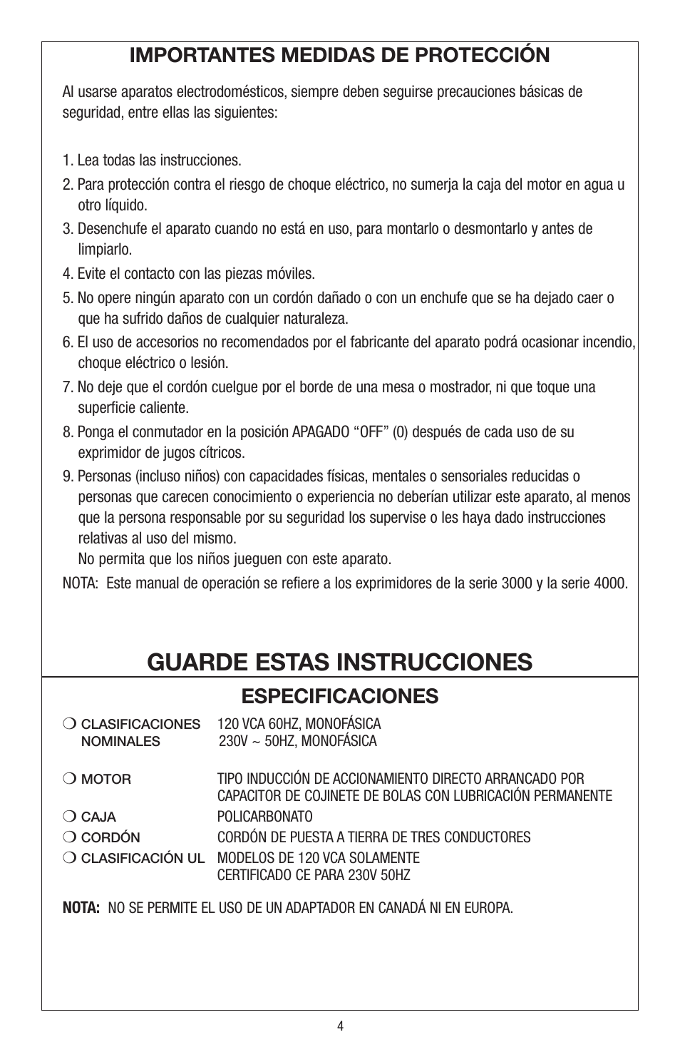 Guarde estas instrucciones, Importantes medidas de protección, Especificaciones | Waring JC4000 User Manual | Page 5 / 24