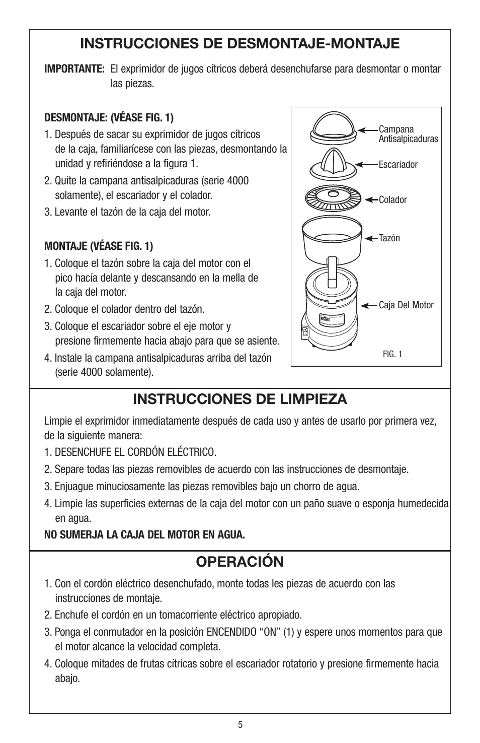 Instrucciones de desmontaje-montaje, Instrucciones de limpieza, Operación | Waring JC4000 User Manual | Page 6 / 24