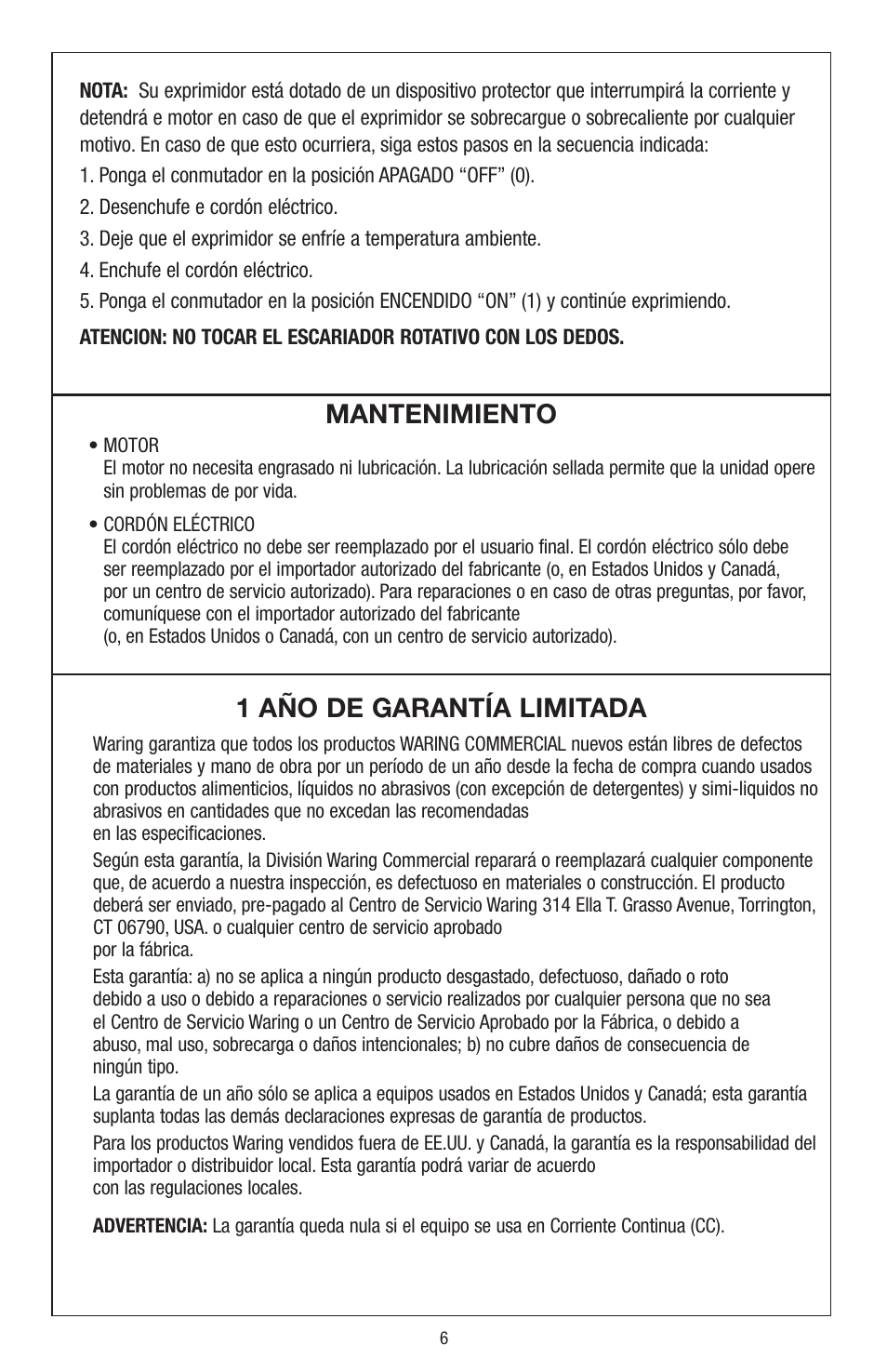 Mantenimiento, 1 año de garantía limitada | Waring JC4000 User Manual | Page 7 / 24