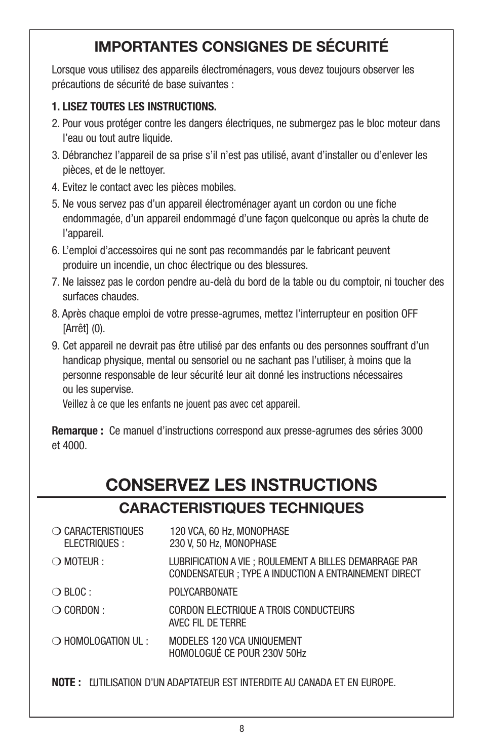 Conservez les instructions, Importantes consignes de sécurité, Caracteristiques techniques | Waring JC4000 User Manual | Page 9 / 24