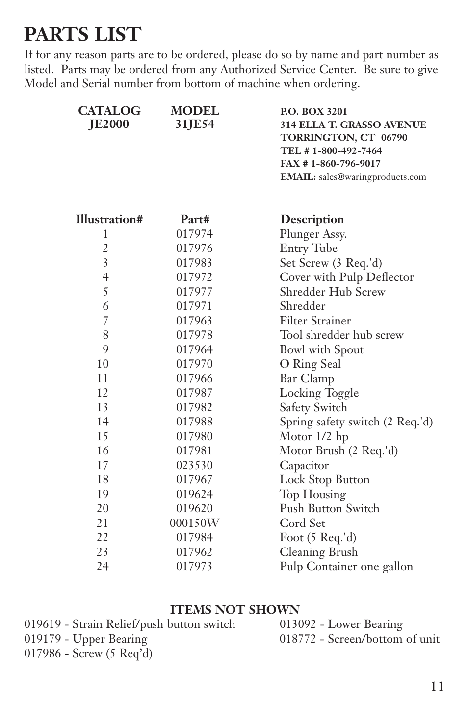 Parts list | Waring JE2000 User Manual | Page 11 / 13