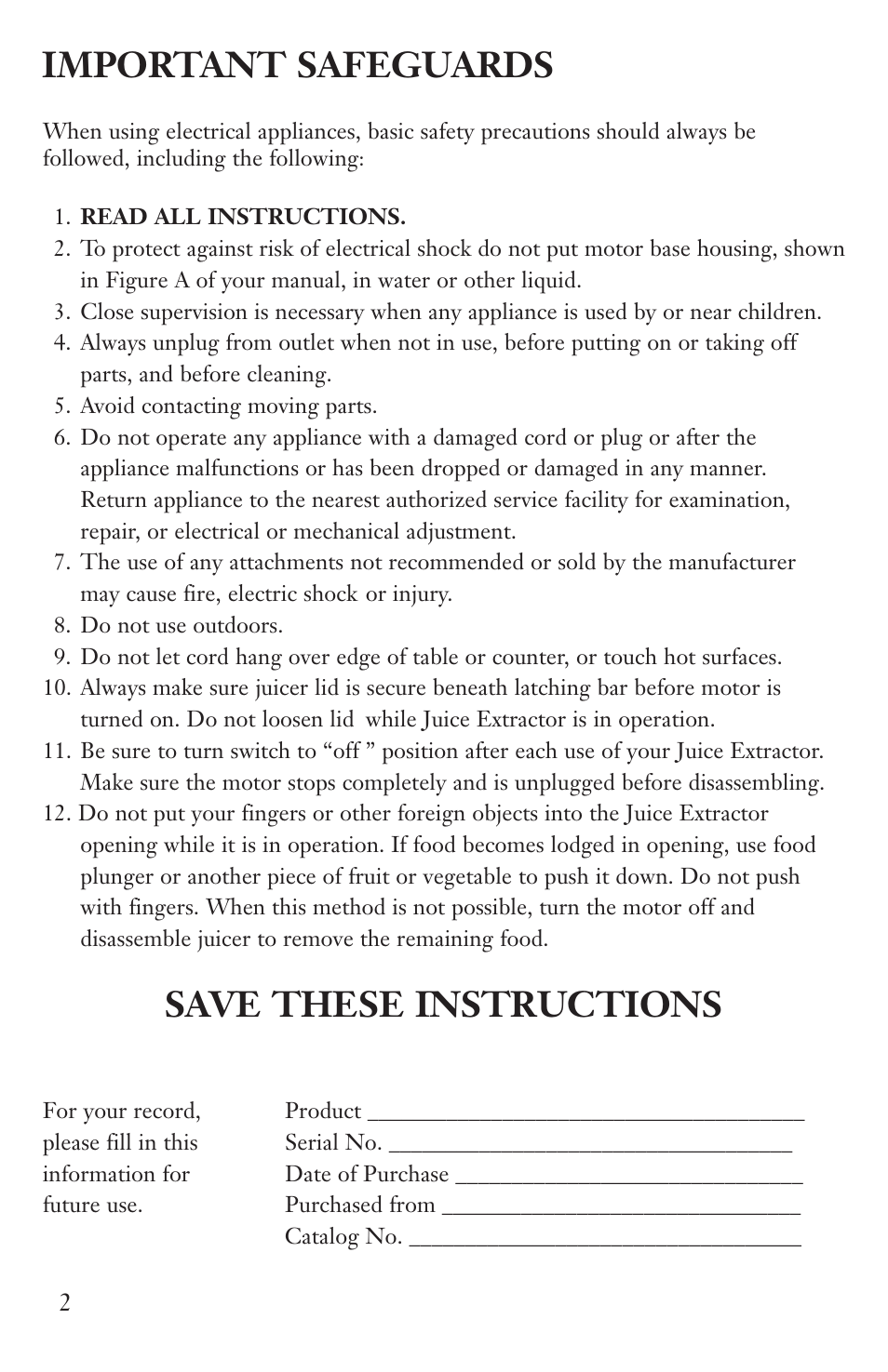 Important safeguards, Save these instructions | Waring JE2000 User Manual | Page 2 / 13