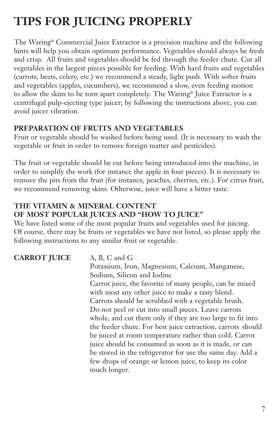 Tips for juicing properly | Waring JE2000 User Manual | Page 7 / 13