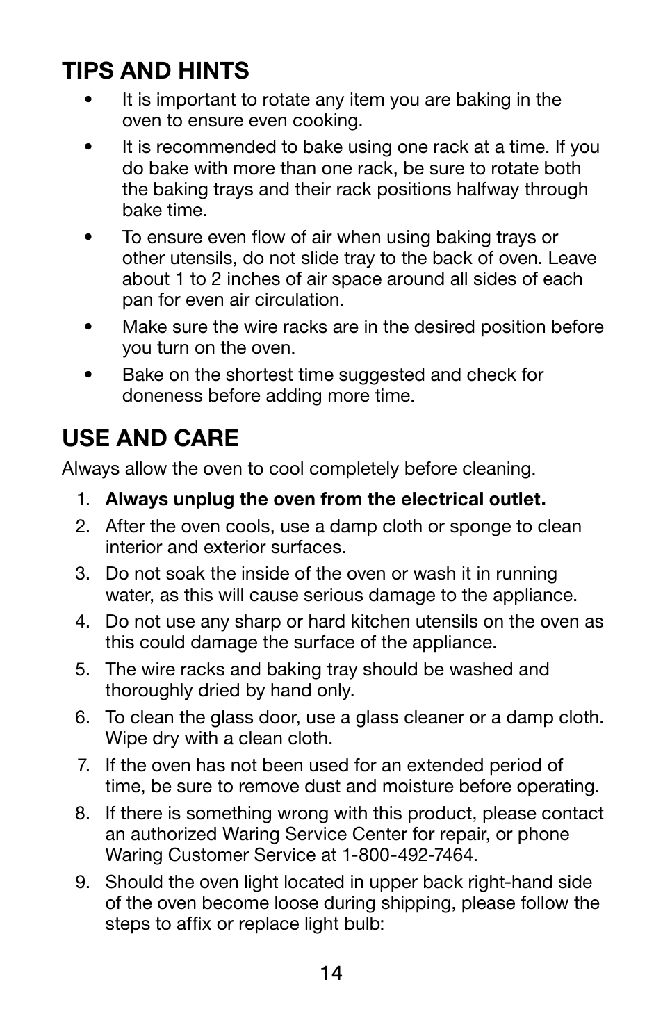 Tips and hints, Use and care | Waring WCO250X User Manual | Page 14 / 48