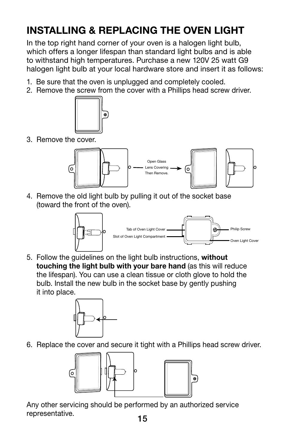 Installing & replacing the oven light | Waring WCO250X User Manual | Page 15 / 48