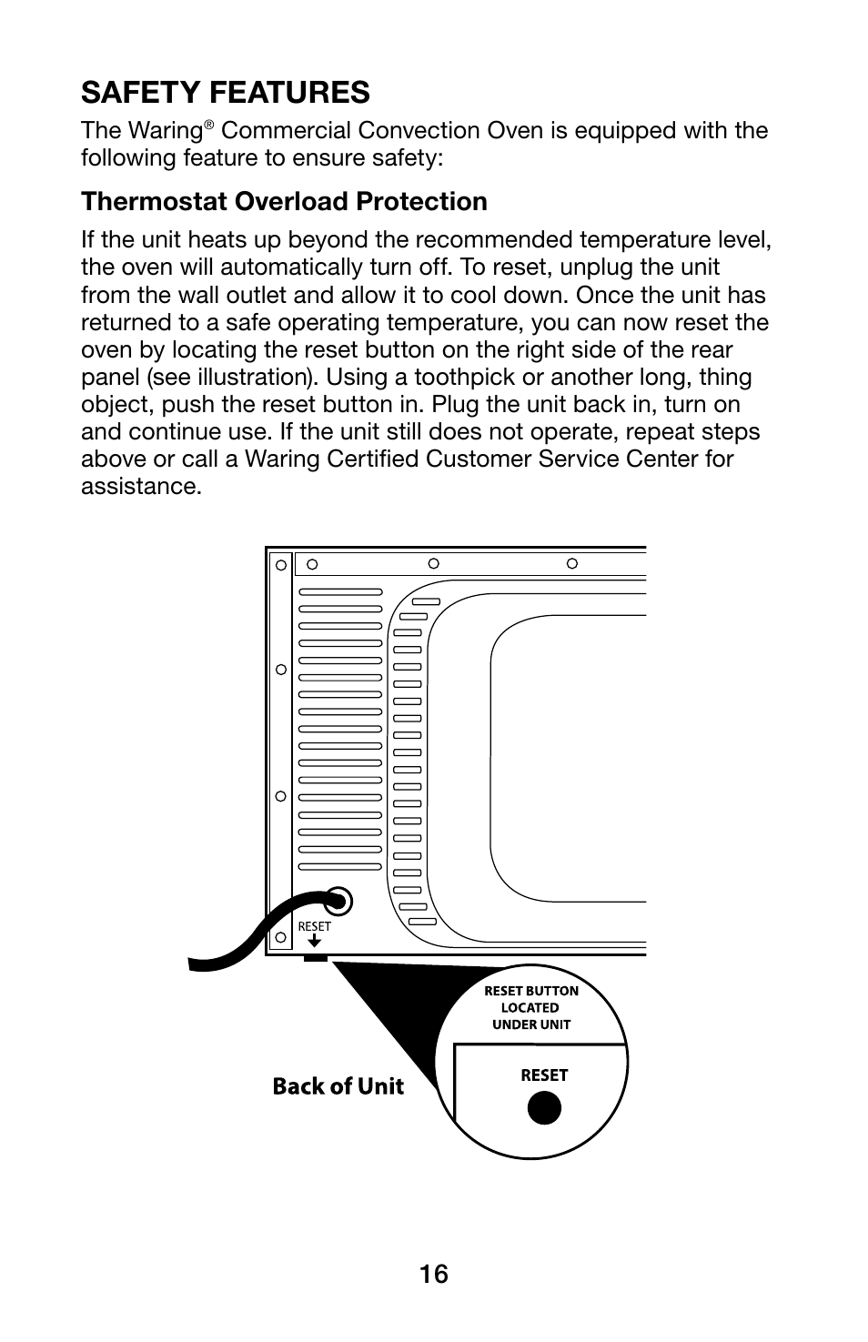 Safety features | Waring WCO250X User Manual | Page 16 / 48