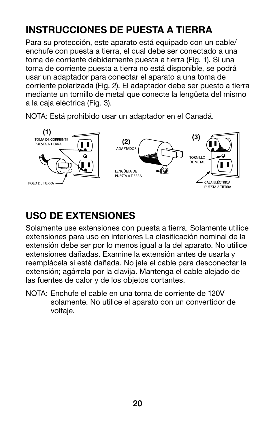 Instrucciones de puesta a tierra, Uso de extensiones | Waring WCO250X User Manual | Page 20 / 48