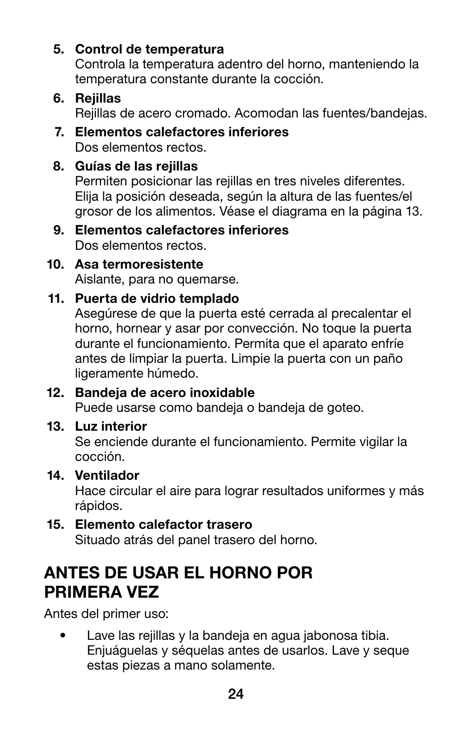 Antes de usar el horno por primera vez | Waring WCO250X User Manual | Page 24 / 48
