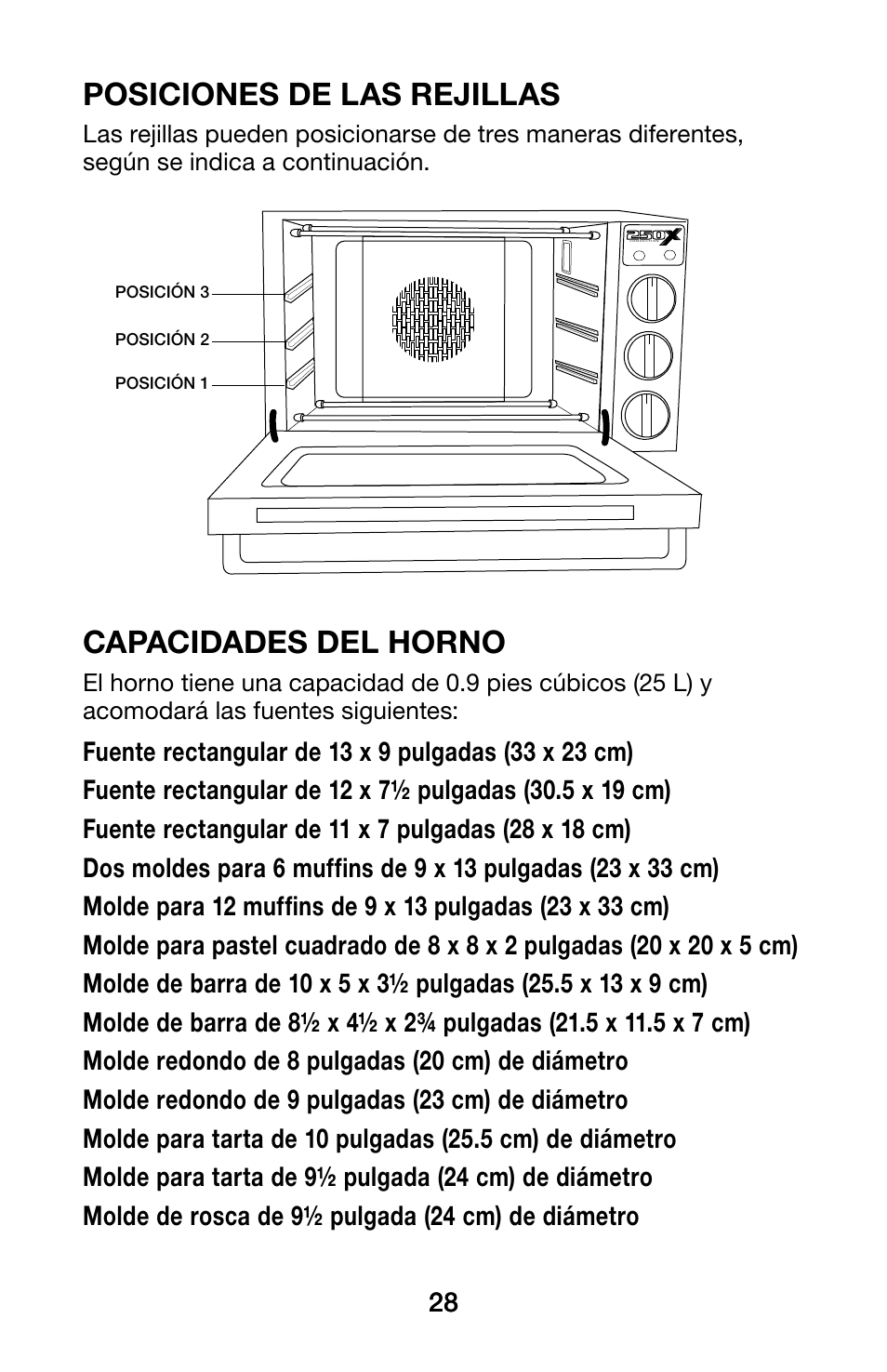 Posiciones de las rejillas, Capacidades del horno | Waring WCO250X User Manual | Page 28 / 48
