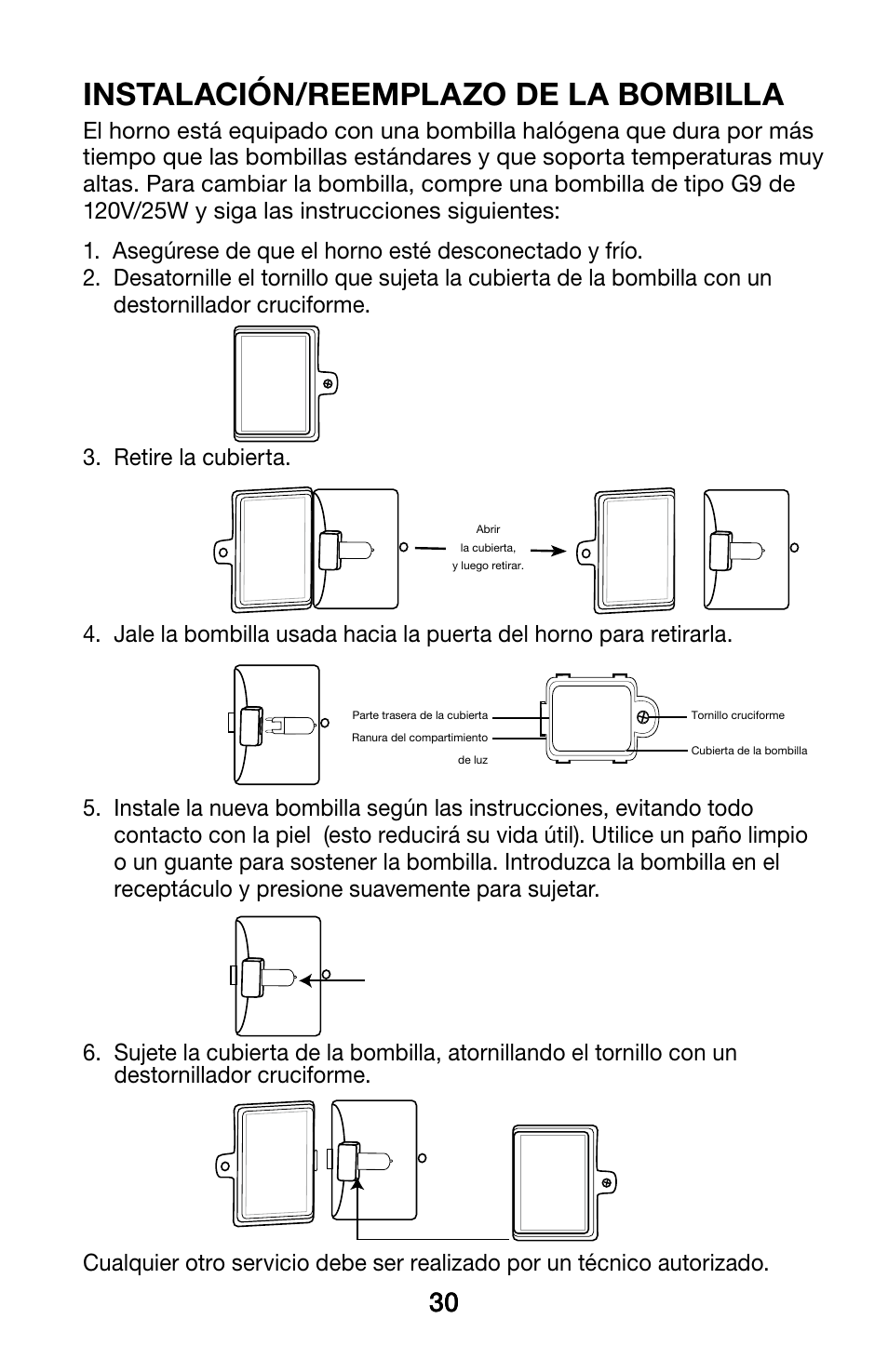 Instalación/reemplazo de la bombilla | Waring WCO250X User Manual | Page 30 / 48