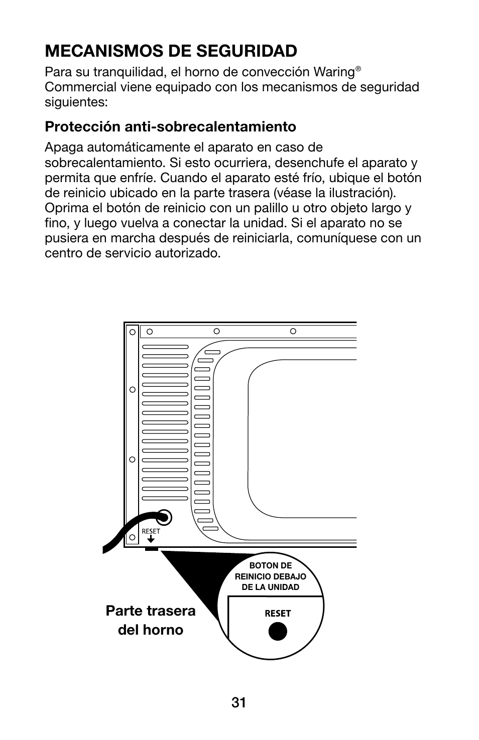 Mecanismos de seguridad | Waring WCO250X User Manual | Page 31 / 48