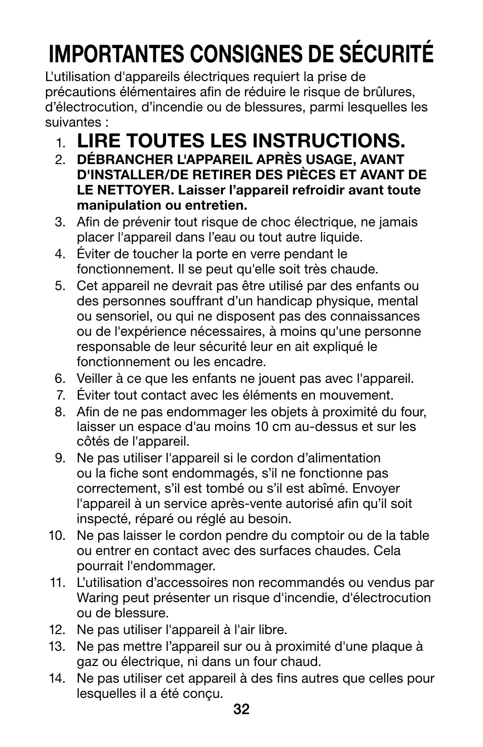 Importantes consignes de sécurité, Lire toutes les instructions | Waring WCO250X User Manual | Page 32 / 48
