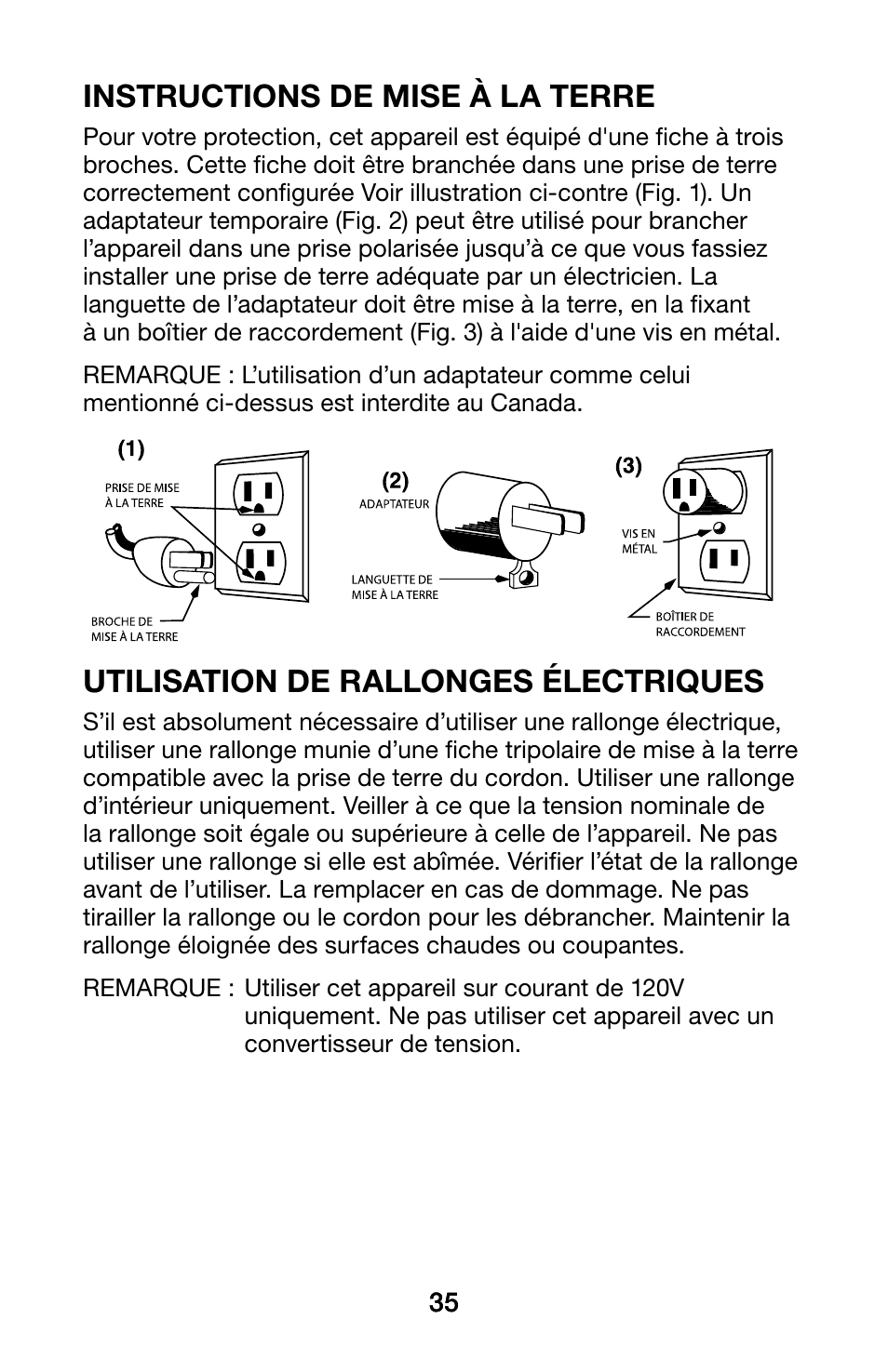 Instructions de mise à la terre, Utilisation de rallonges électriques | Waring WCO250X User Manual | Page 35 / 48