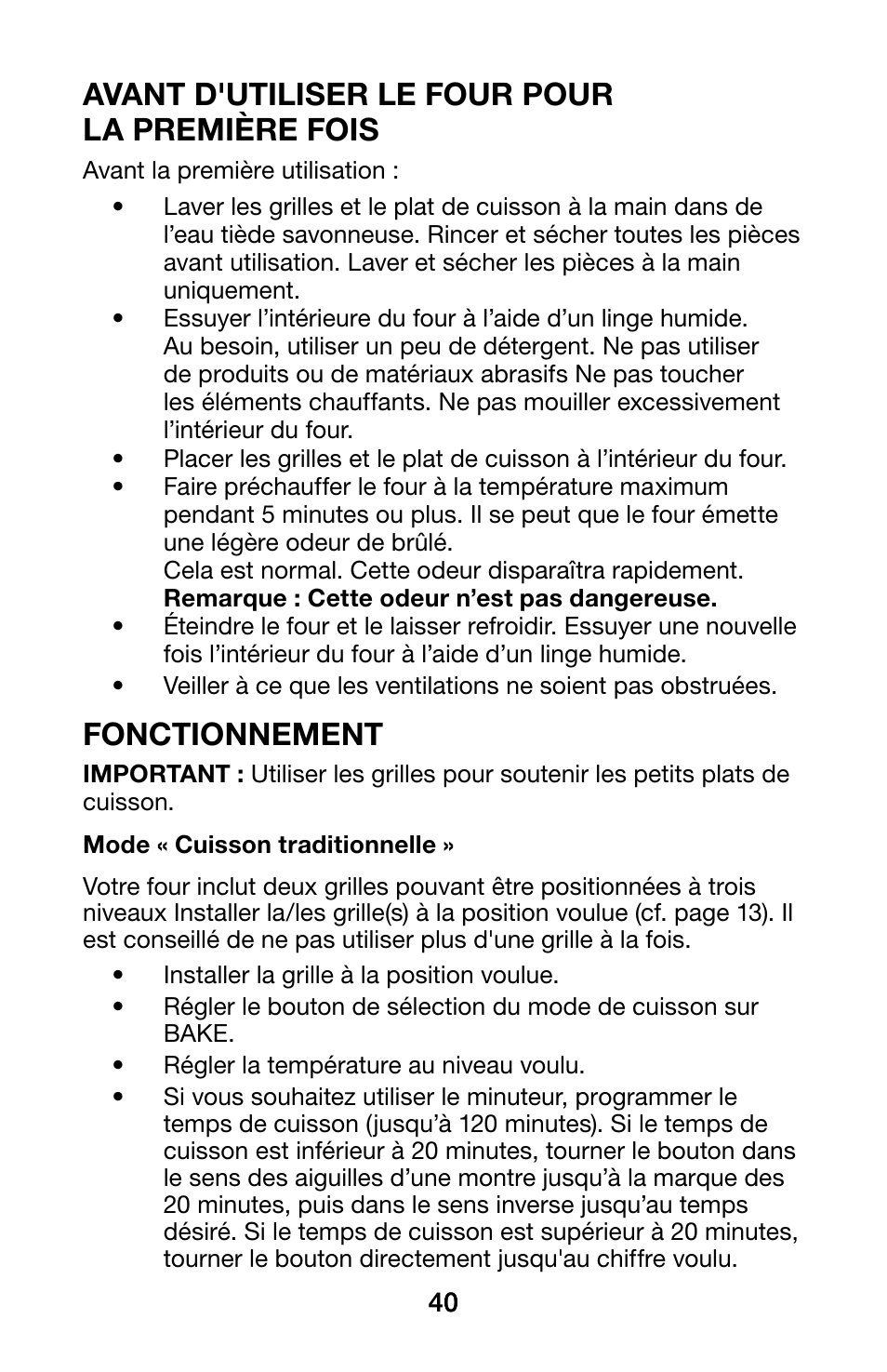Avant d'utiliser le four pour la première fois, Fonctionnement | Waring WCO250X User Manual | Page 40 / 48