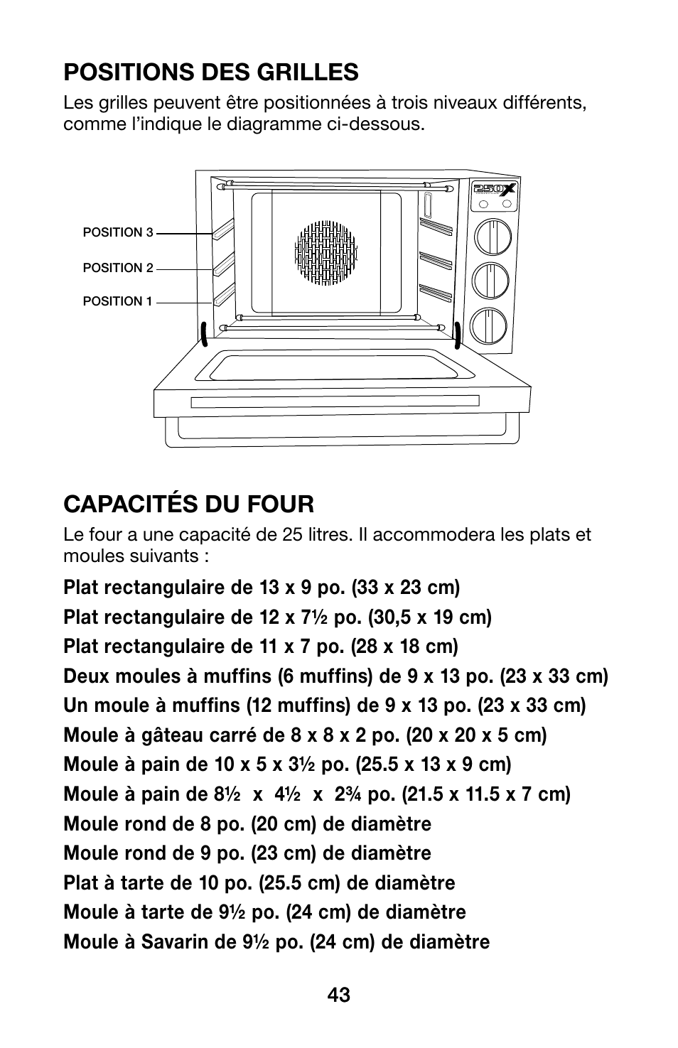 Positions des grilles, Capacités du four | Waring WCO250X User Manual | Page 43 / 48