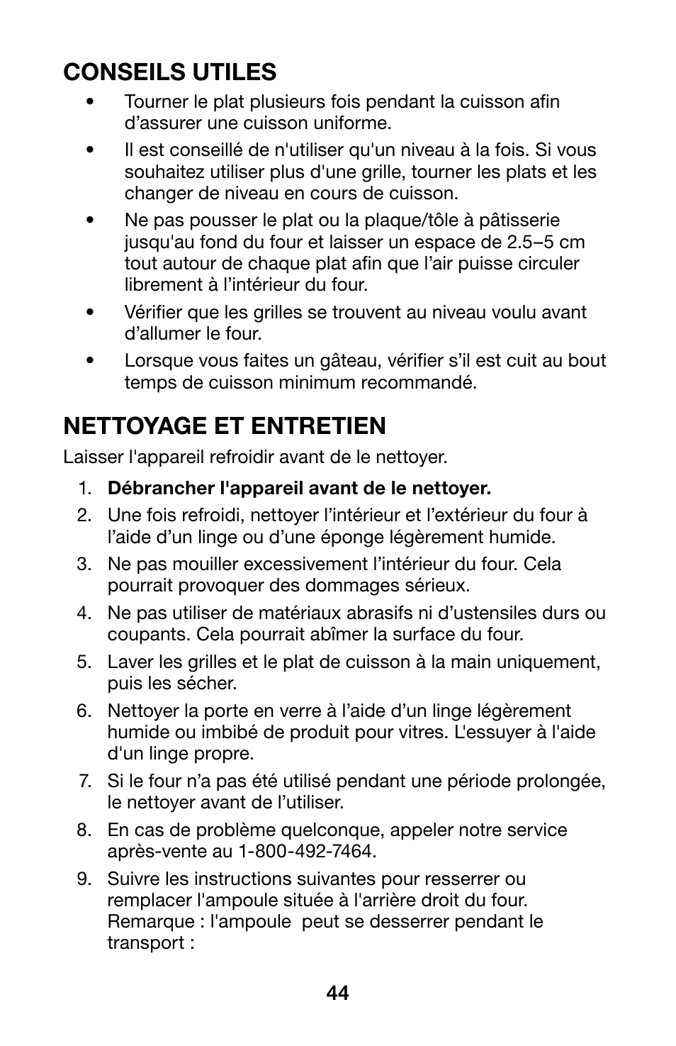 Conseils utiles, Nettoyage et entretien | Waring WCO250X User Manual | Page 44 / 48