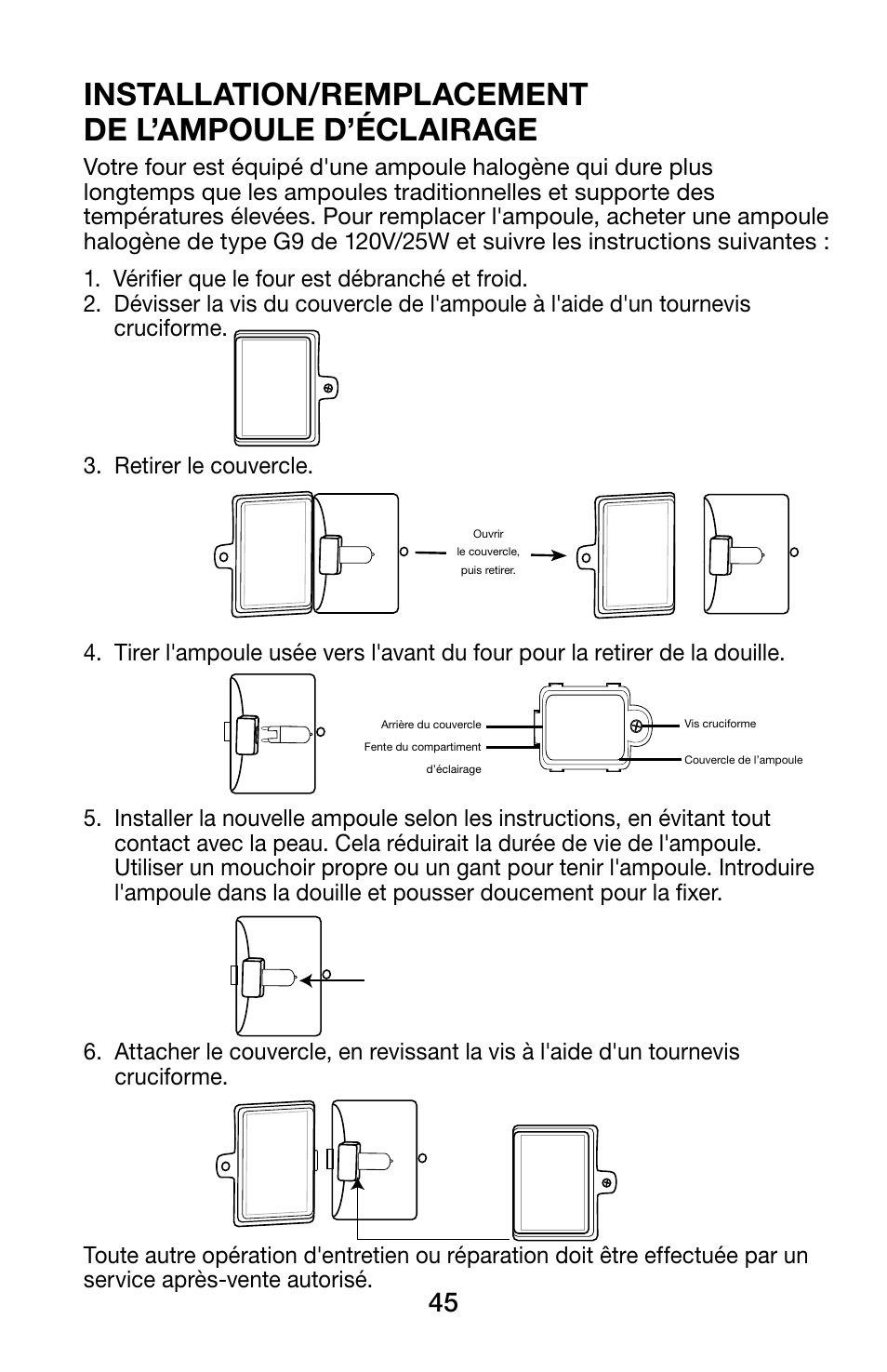 Installation/remplacement de l’ampoule d’éclairage | Waring WCO250X User Manual | Page 45 / 48