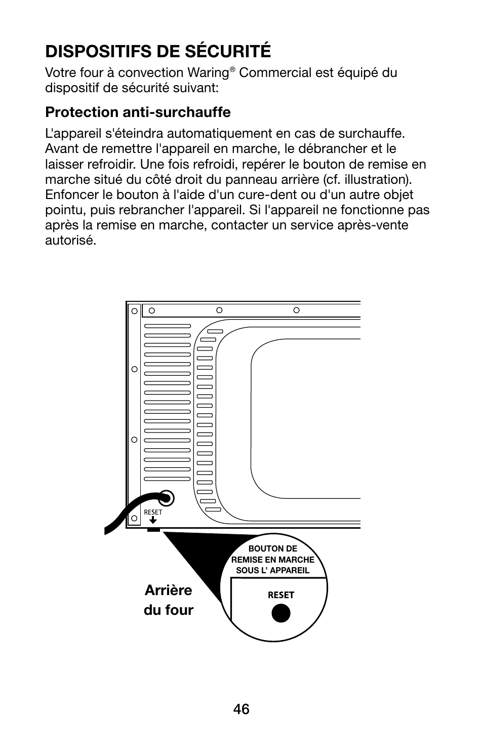 Dispositifs de sécurité | Waring WCO250X User Manual | Page 46 / 48