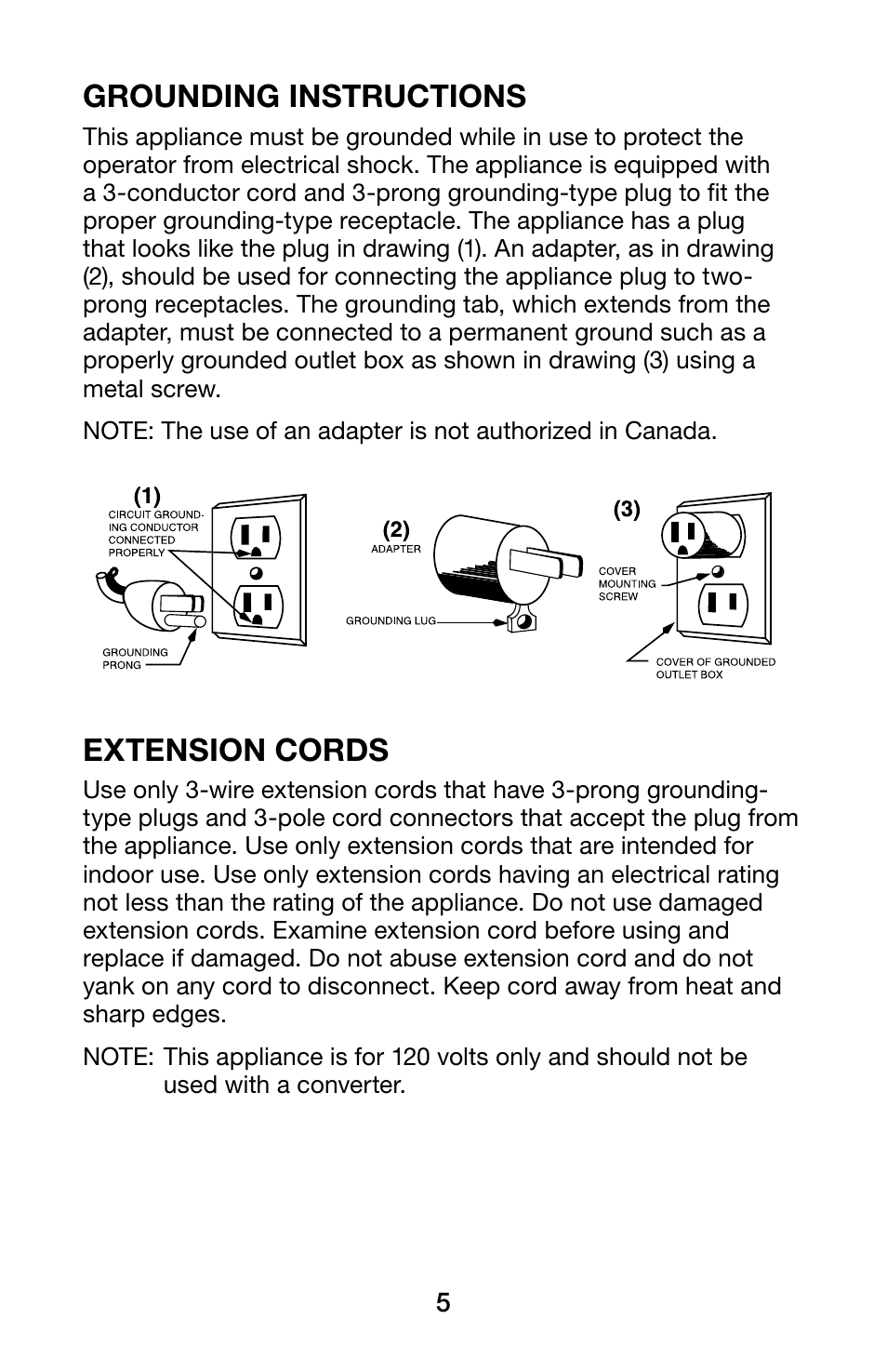 Grounding instructions, Extension cords | Waring WCO250X User Manual | Page 5 / 48