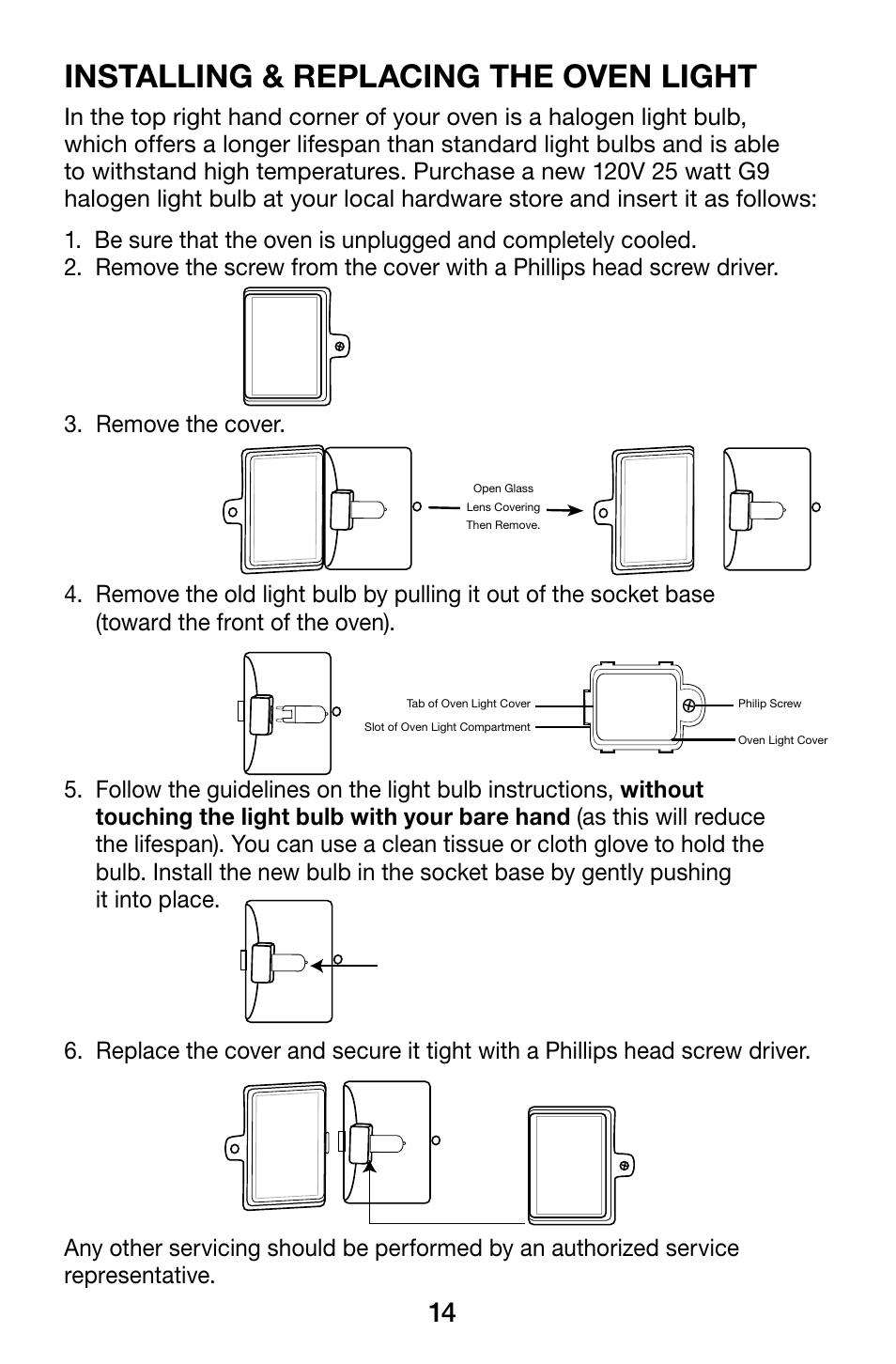 Installing & replacing the oven light | Waring WCO500X User Manual | Page 14 / 44