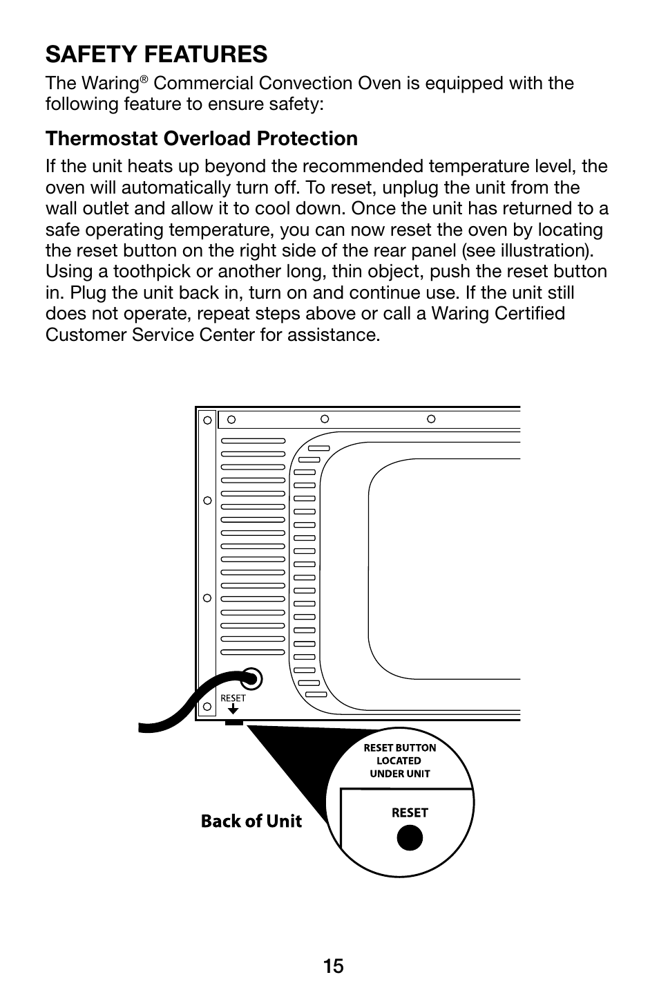 Safety features, Thermostat overload protection | Waring WCO500X User Manual | Page 15 / 44