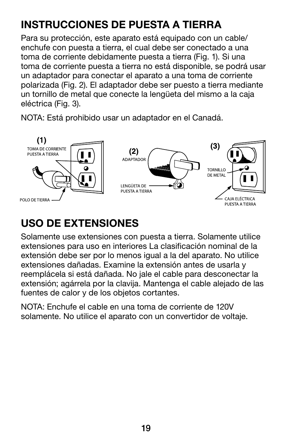 Instrucciones de puesta a tierra, Uso de extensiones | Waring WCO500X User Manual | Page 19 / 44