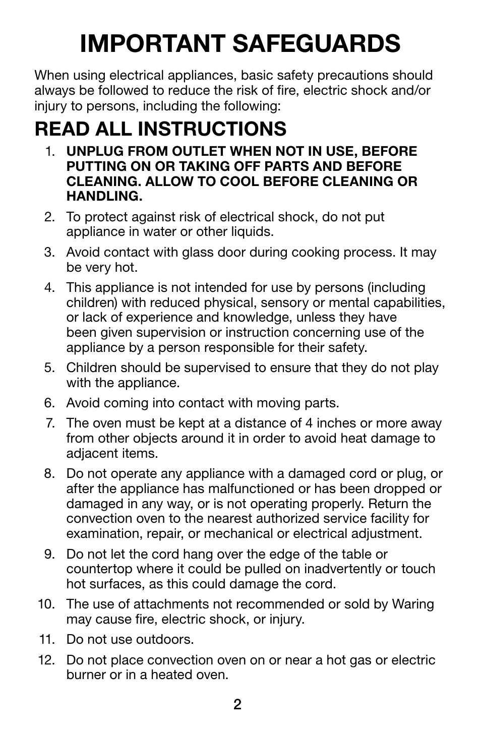 Important safeguards, Read all instructions | Waring WCO500X User Manual | Page 2 / 44