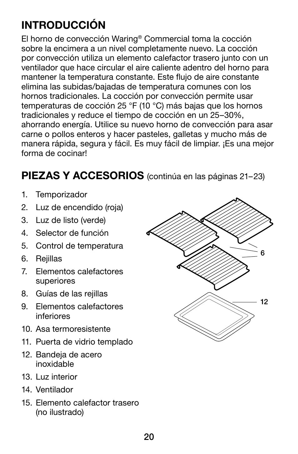 Introducción, Piezas y accesorios | Waring WCO500X User Manual | Page 20 / 44