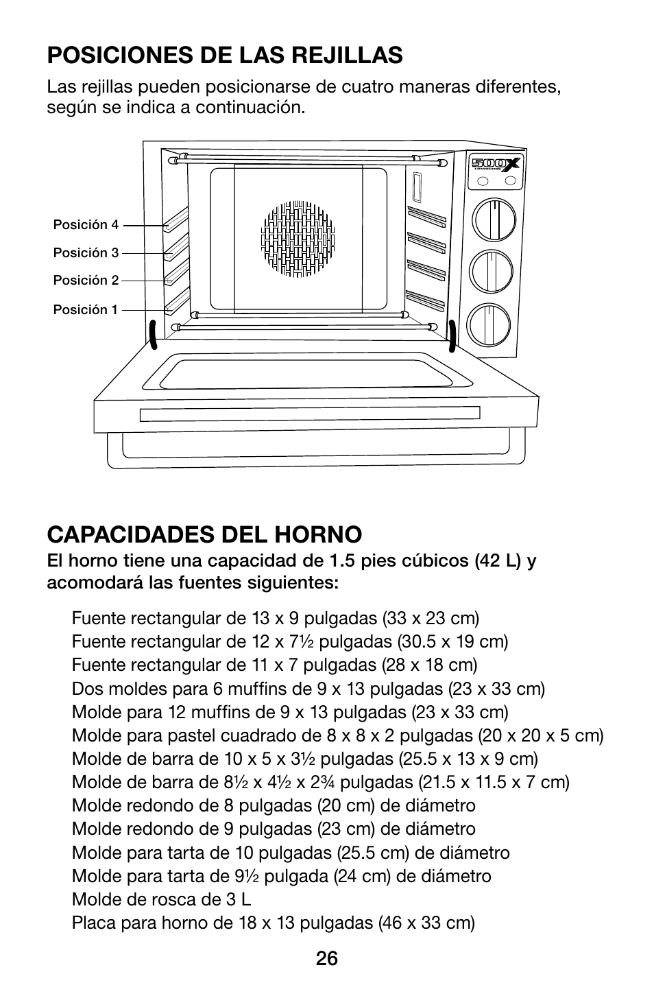 Posiciones de las rejillas, Capacidades del horno | Waring WCO500X User Manual | Page 26 / 44