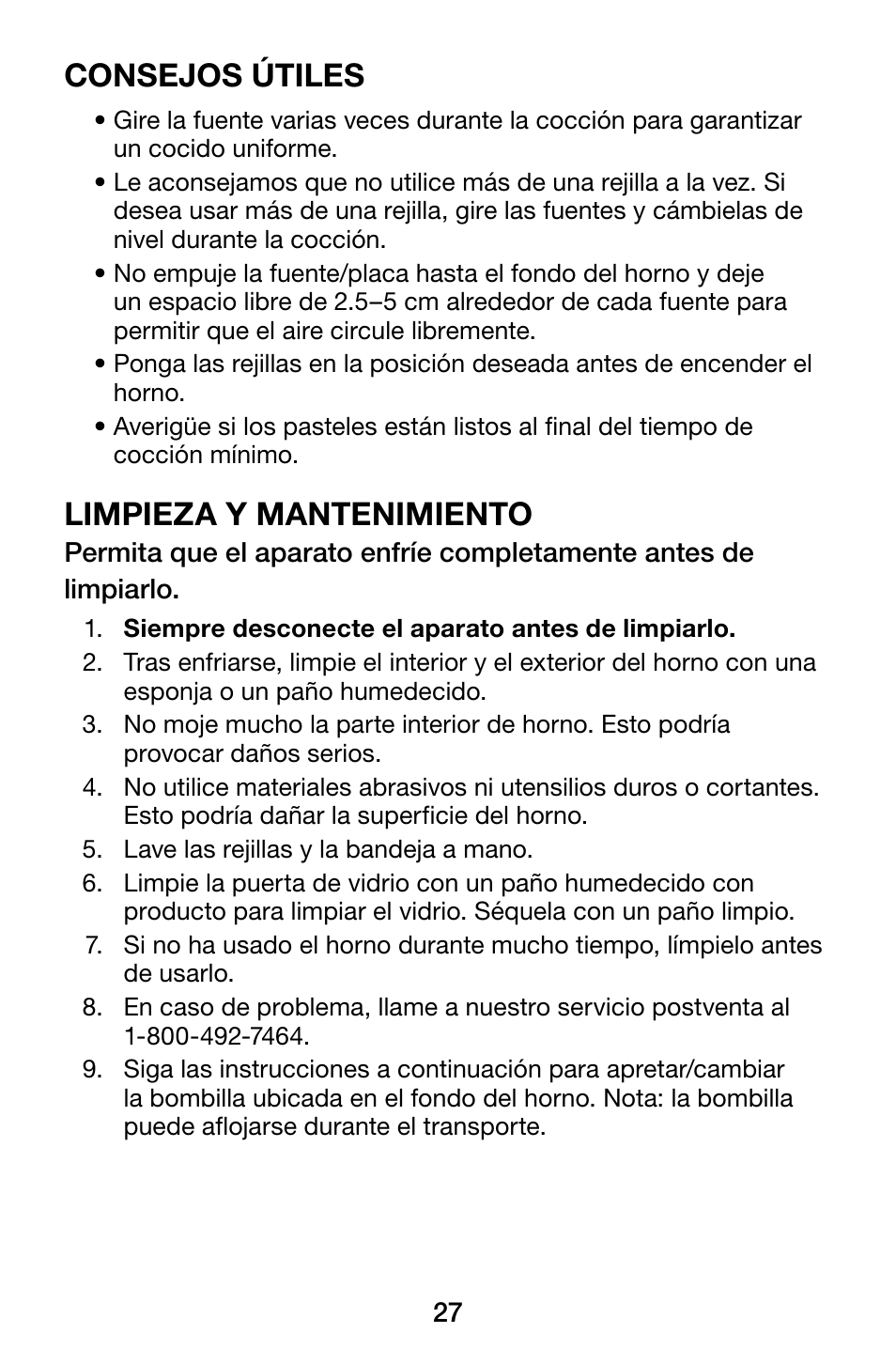 Consejos útiles, Limpieza y mantenimiento | Waring WCO500X User Manual | Page 27 / 44
